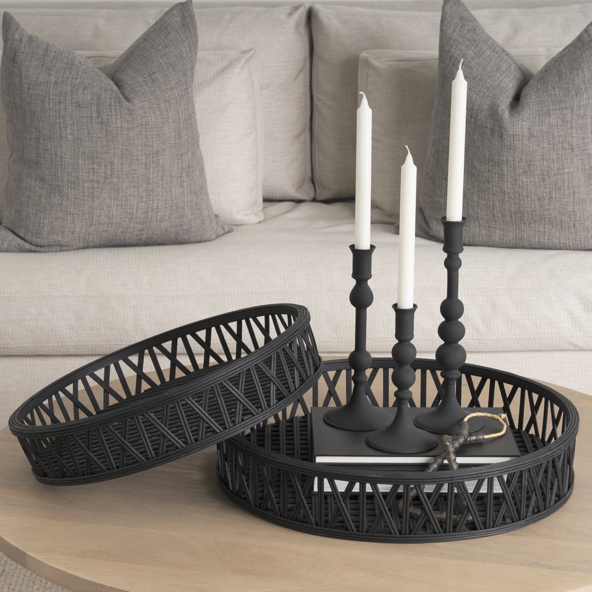Thea Matte Black Wicker Trays (Set of 2), Decorative Tray by Mercana, 20.47" length x 20.47" width x 3.94" height View 2