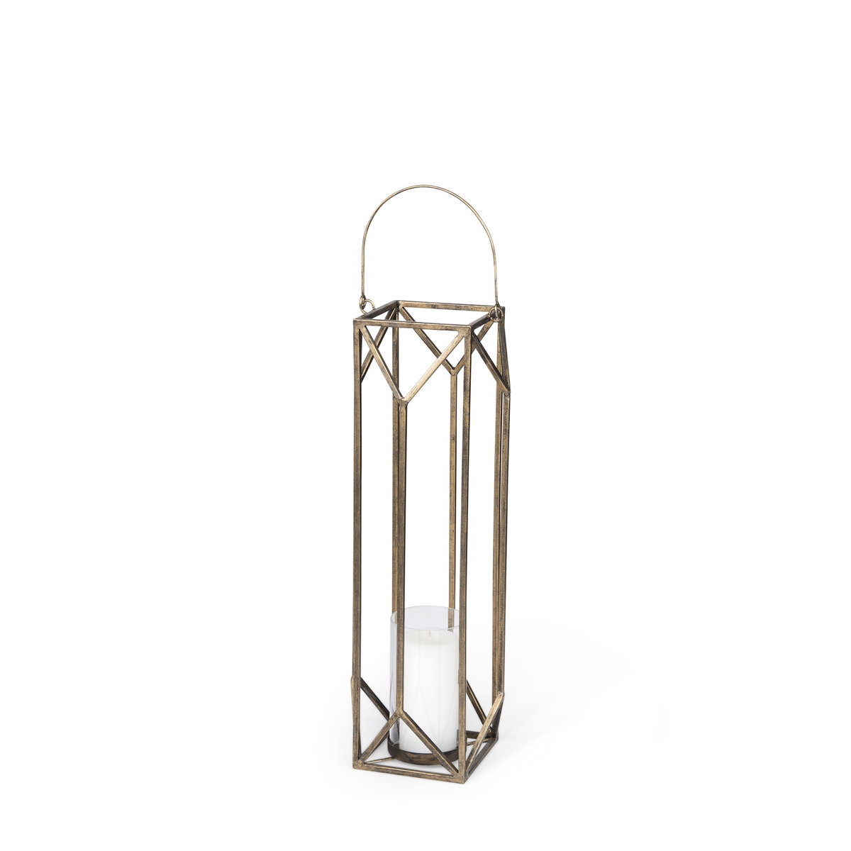 Ivy Small Gold Metal Geometric Cage Candle Holder Lantern, Lighting by Mercana, 8.27" length x 8.27" width x 29.72" height View 1