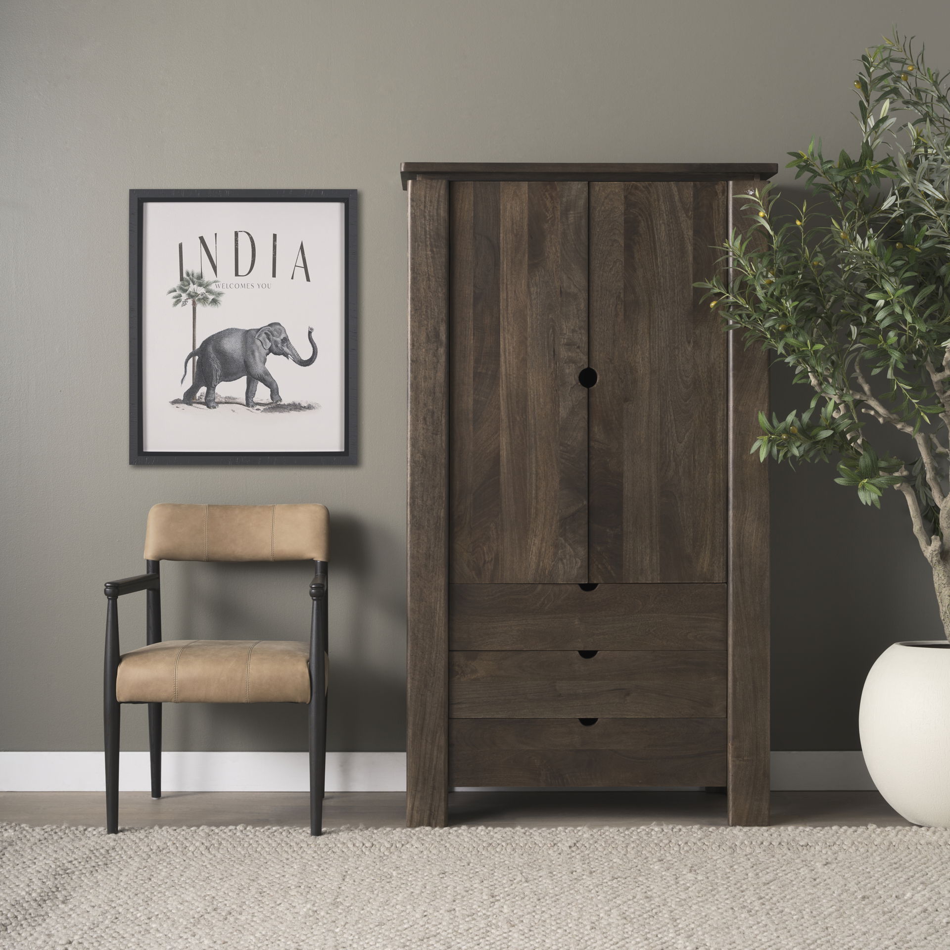 Wallen Solid Dark Brown Wood Curio Cabinet, Cabinets & Sideboard by Mercana, 40" length x 20" width x 70" height View 2
