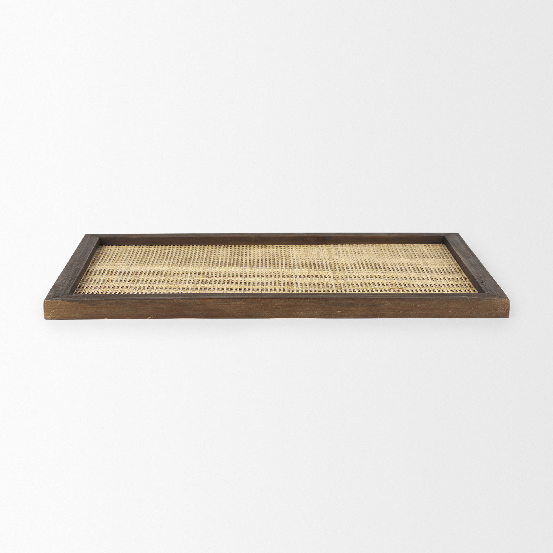 Silas Cane and Medium Brown Wood Rectangular Tray large image 