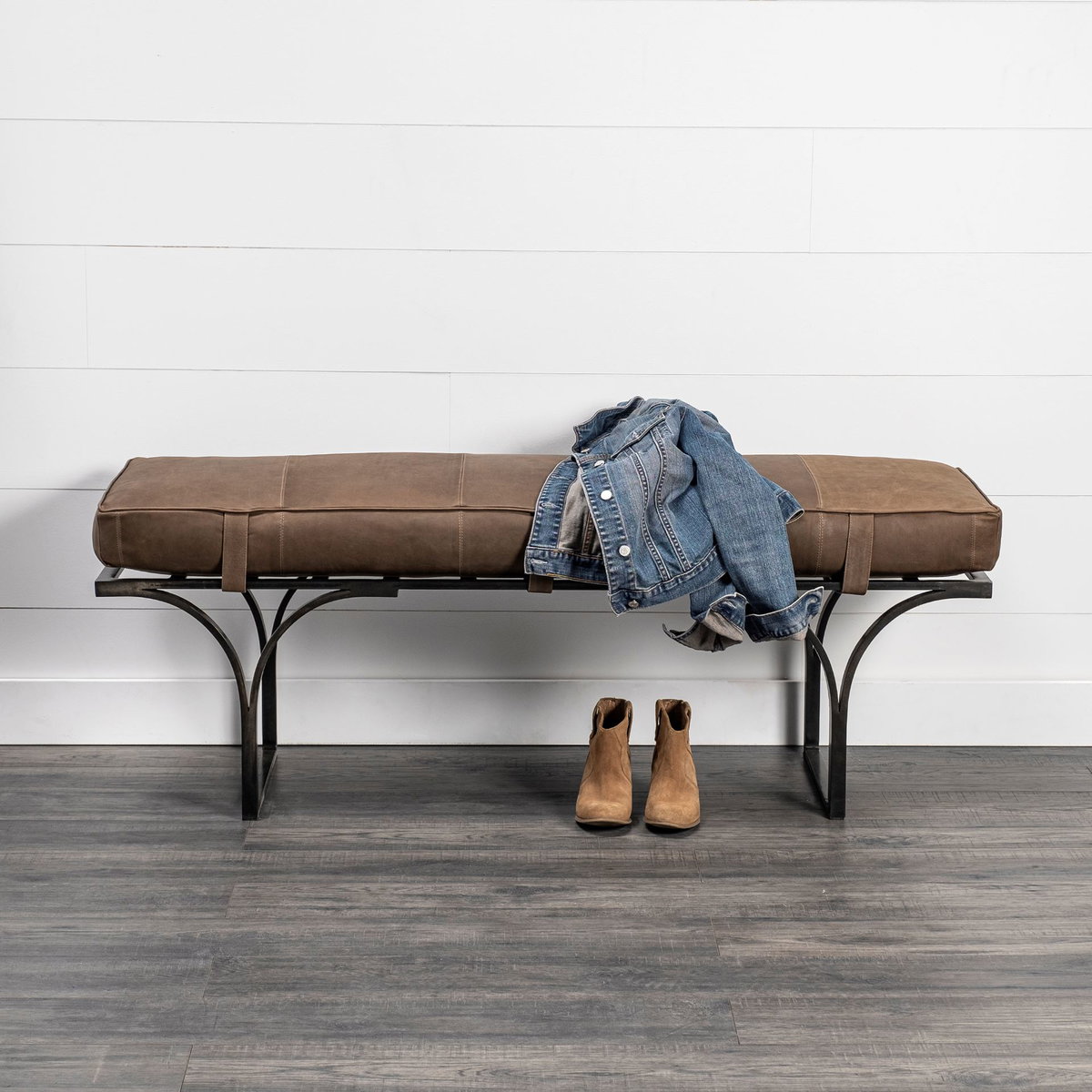 Jessie 55L x 16W Brown Leather Seat with Black Metal Base Accent Bench, Benche by Mercana, 55" length x 16" width x 20" height View 2