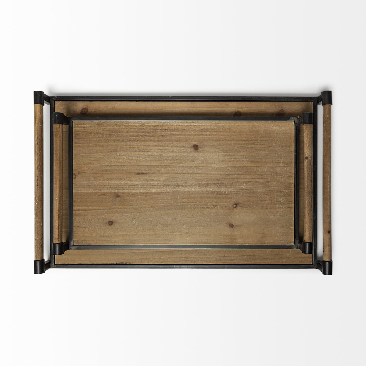 Benson Set of 2 Brown Wood Black Metal Trays, Decorative Tray by Mercana, 26" length x 15.75" width x 3.15" height View 5