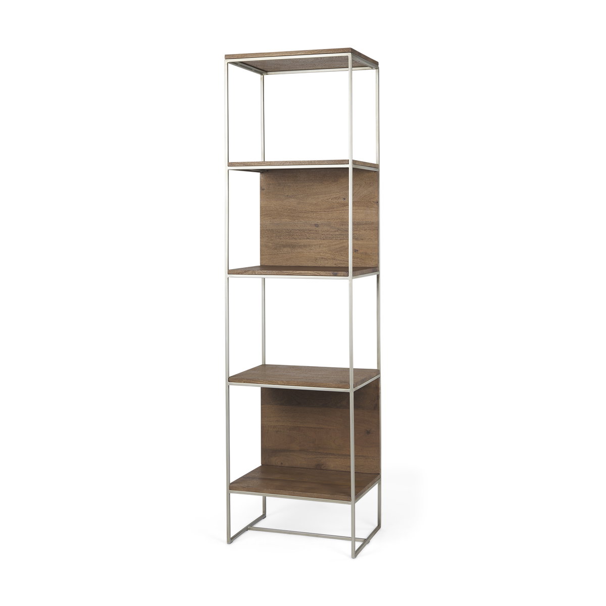 Morris II 19.75 x 15 x 72.5 Brown Wood and Silver Metal Frame 4 Shelf Shelving Unit, Shelving & Bookcase by Mercana, 19.75" length x 15" width x 72.5" height View 1