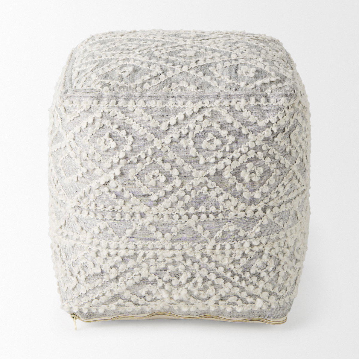 Farida 6.0L x 16.0W x 16.0H Light Gray Wool and Polyester Patterned Pouf, Ottoman by Mercana, 16" length x 16" width x 16" height View 6