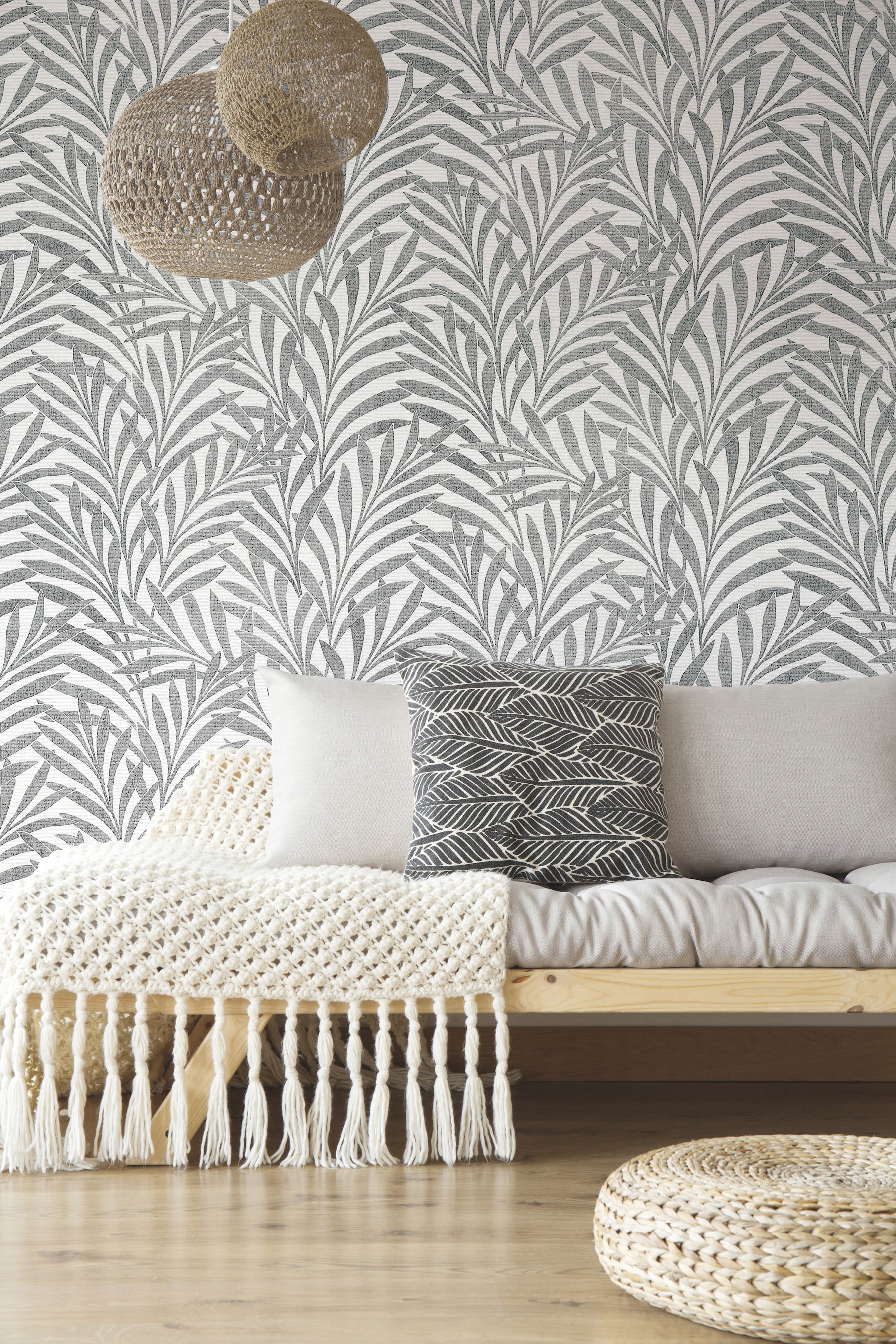 Tea Leaves Stripe Cream & Black Wallpaper large image 