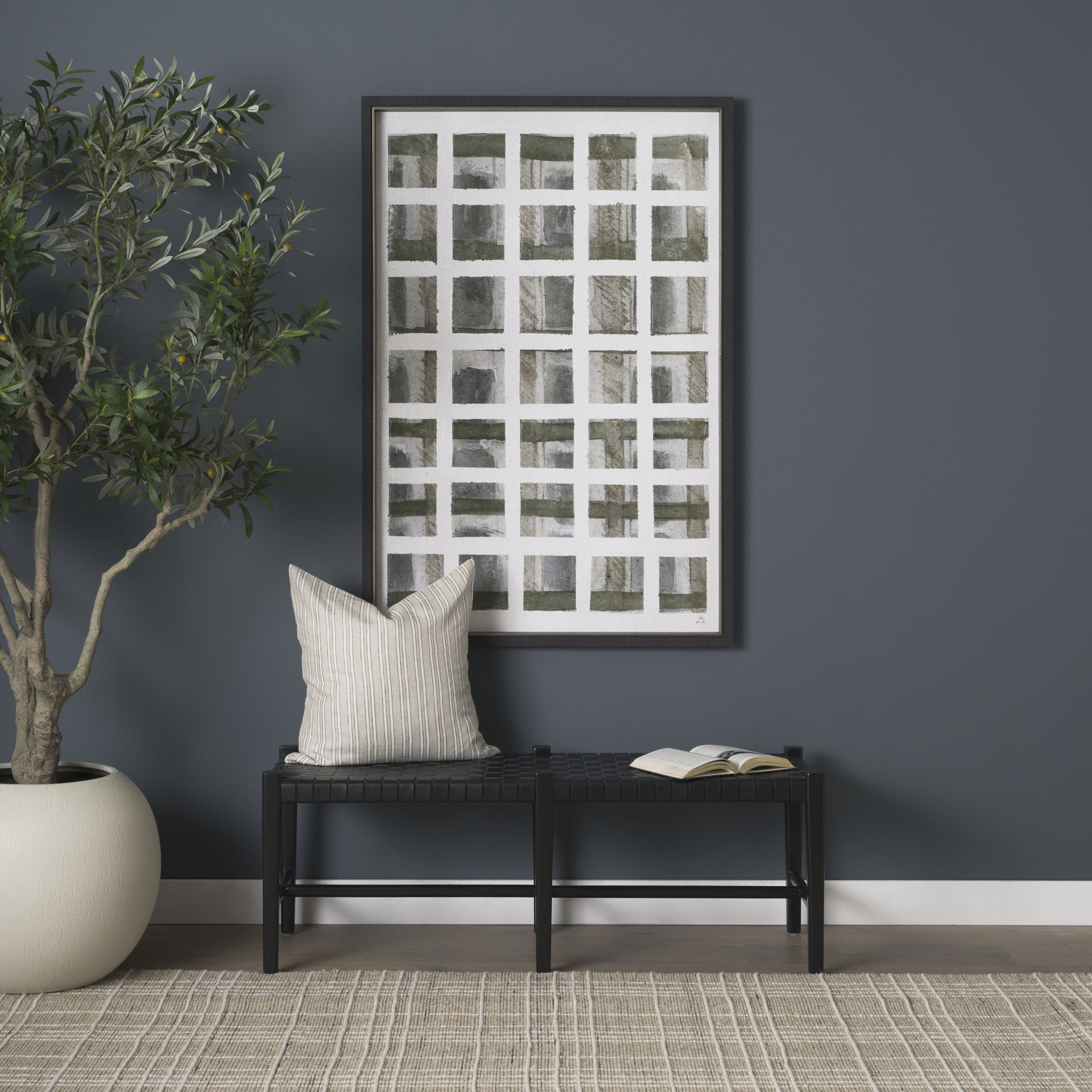Shane Black Wood with Woven Black Leather Bench large image 