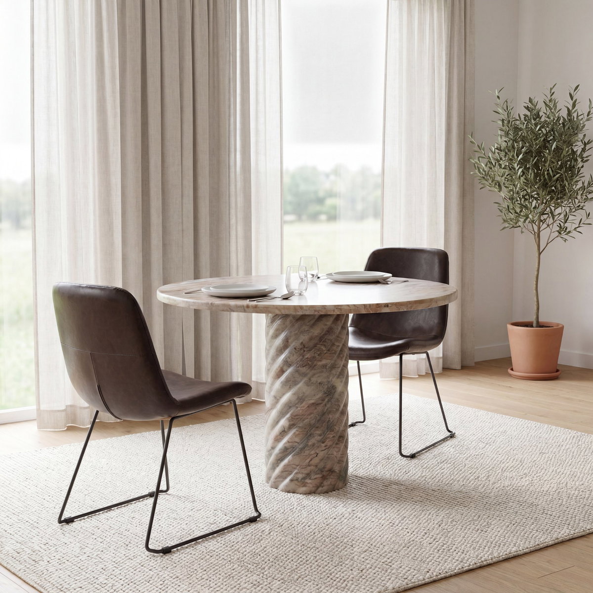 Sawyer Solid Back Dining Side Chair | Dark Brown Faux Leather with Iron, Dining Chair by Mercana, 19" length x 24.25" width x 33" height View 3
