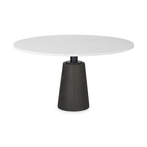 Maxwell 48L x 48W x 30H Round White Marble Top with Black Metal and Wood Pedestal Base Dining Table