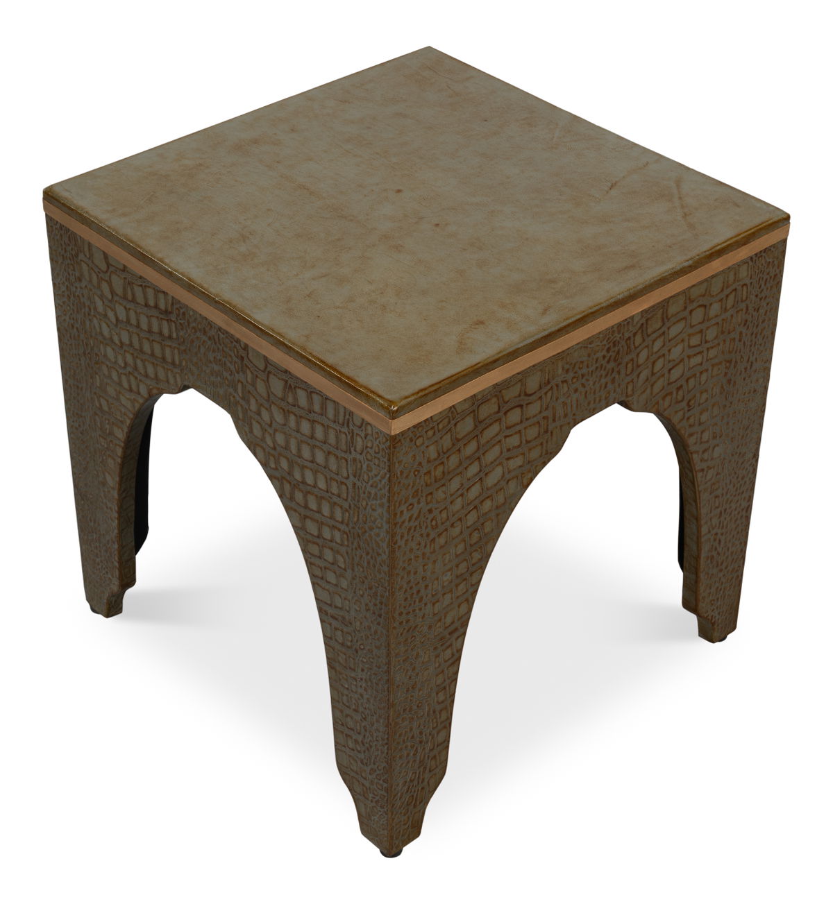 Croco Embossed Leather Stool  Ant. Green, by Sarreid, 1'6" length x 1'6" width x 10" height View 10