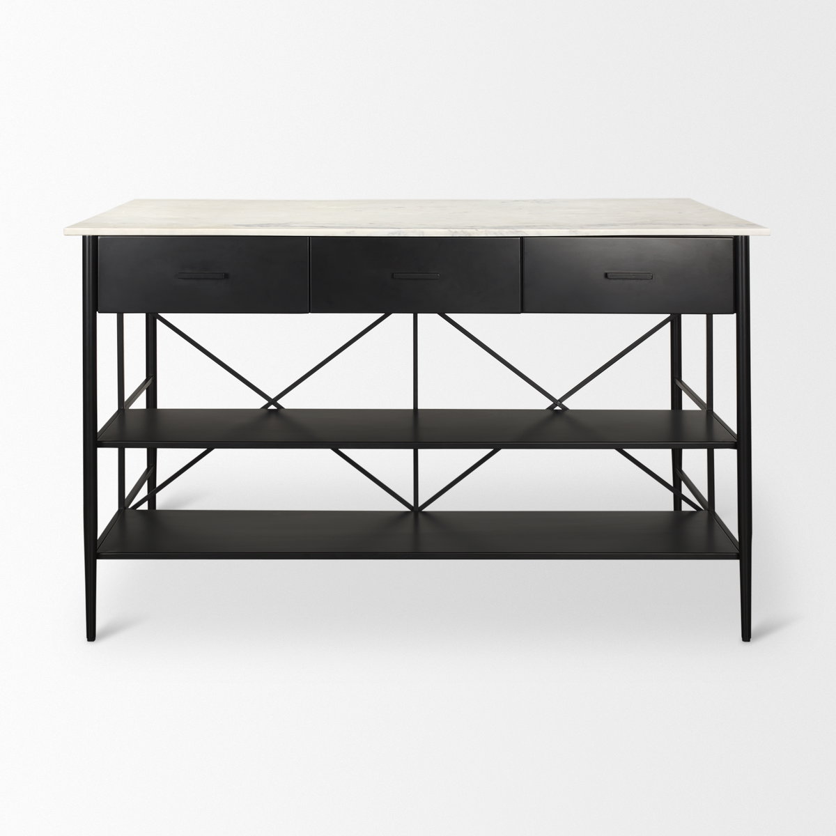 Amika White Marble Top Black Metal Base Kitchen Island, by Mercana, 62" length x 34" width x 36" height View 6