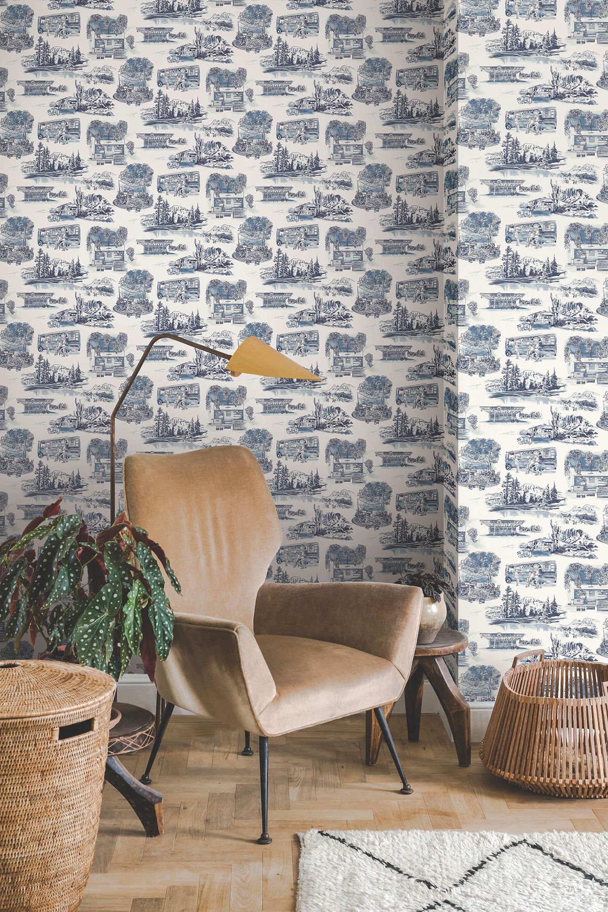 Modern Vista Toile Navy Wallpaper large image 