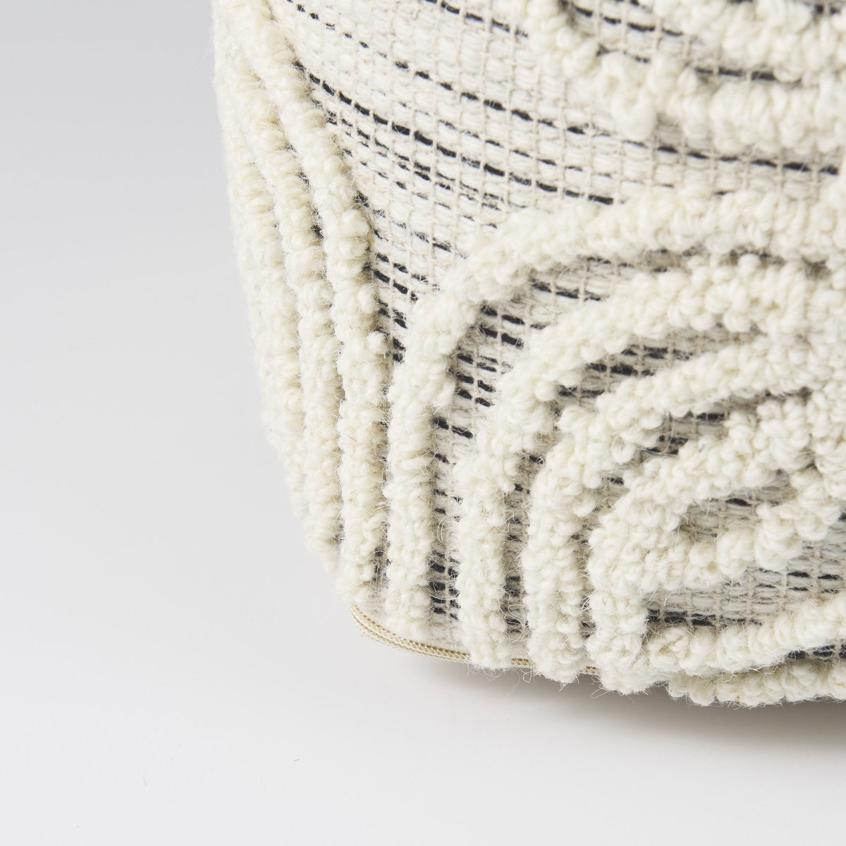 Amaya  Cream/Black/Gray Wool and Cotton Pouf, Ottoman by Mercana, 16" length x 16" width x 16" height View 9