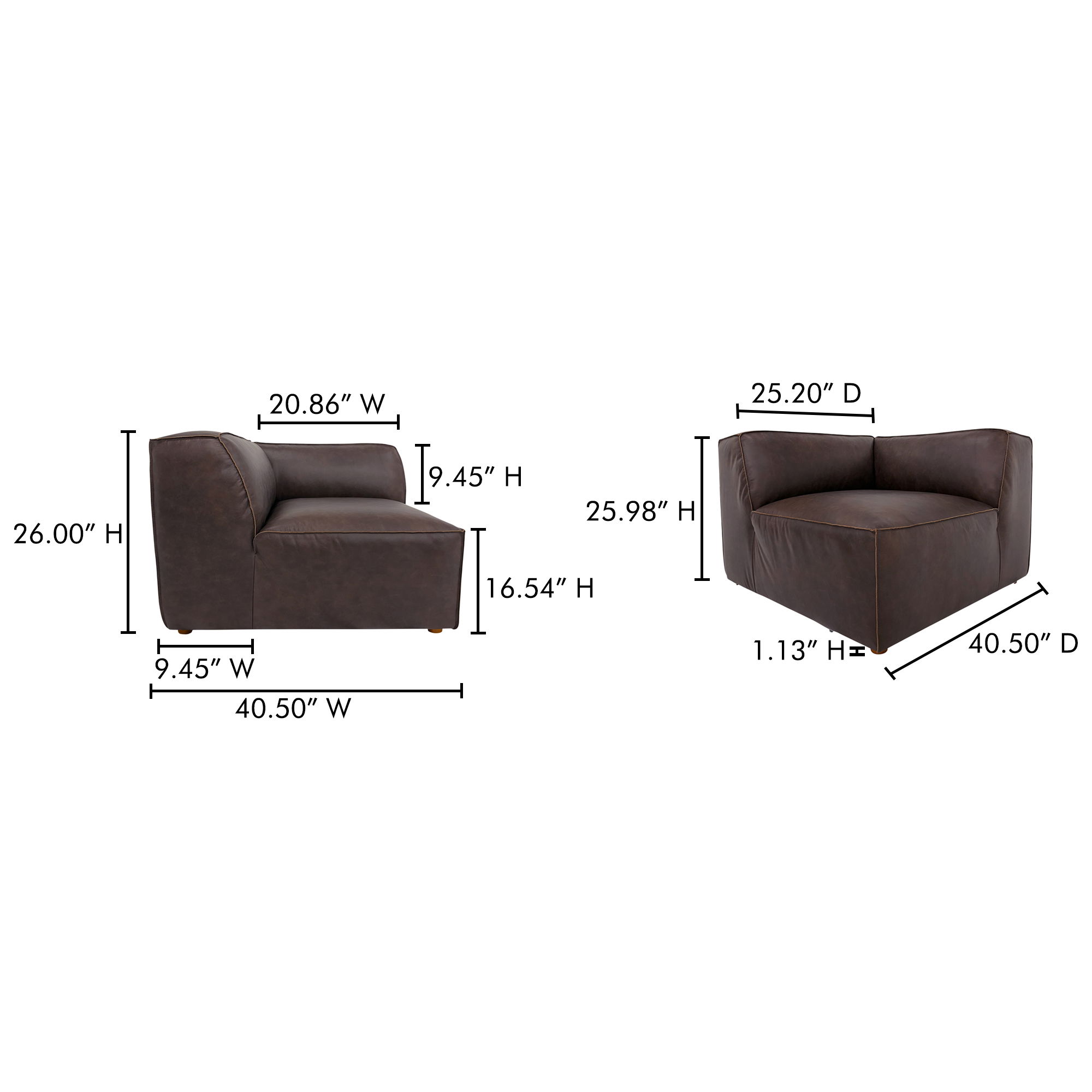 Form Corner Chair Espresso Brown Leather, Sectional Sofa by Moe's Home, 40.5" width x 26" height x 40.5" depth View 7