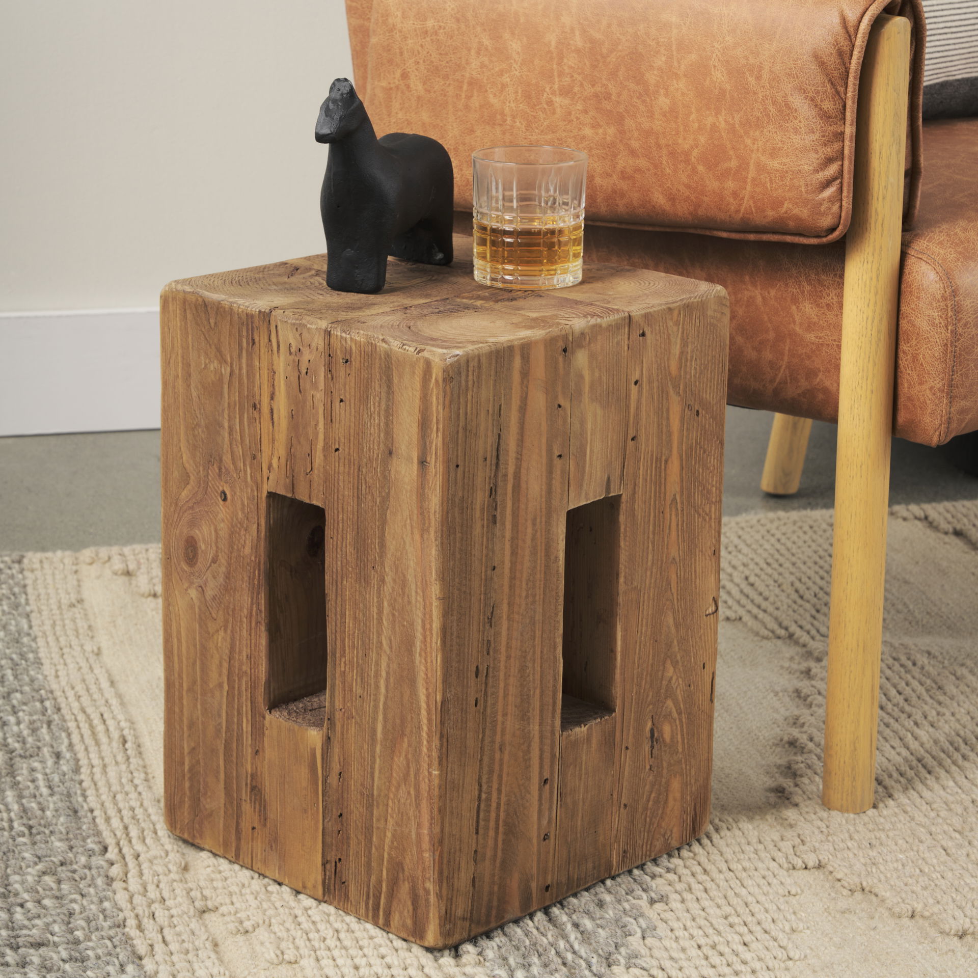 Waylen Natural Wood Block Accent Stool, Ottoman by Mercana, 11.5" length x 11.5" width x 16.5" height View 3