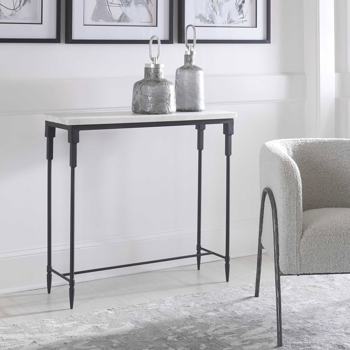 Bourges White Marble Console Table, by Uttermost, 36" width x 34" height x 12" depth View 2