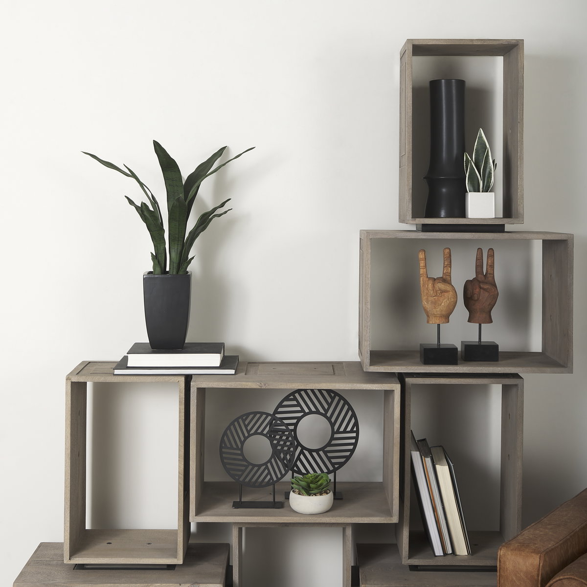Simul (Set of 2) Light Brown Wood Modular Shelving Unit, Shelving & Bookcase by Mercana, 24" length x 16" width x 16" height View 3