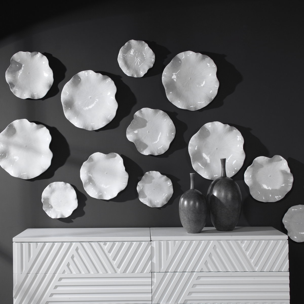 Abella Ceramic Wall Decor Set/3 White, Sculptural Wall Art by Uttermost, 17.87" width x 17.87" height x 3.87" depth View 8