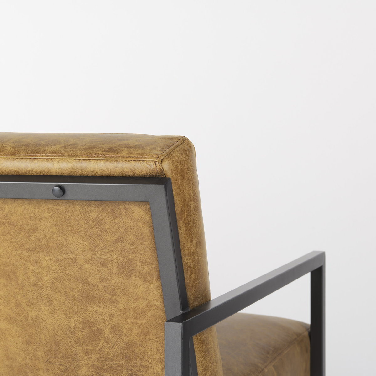Armelle II Brown Leather Seat with Gray Metal Frame Accent Chair, by Mercana, 28.35" length x 33.07" width x 29.92" height View 9