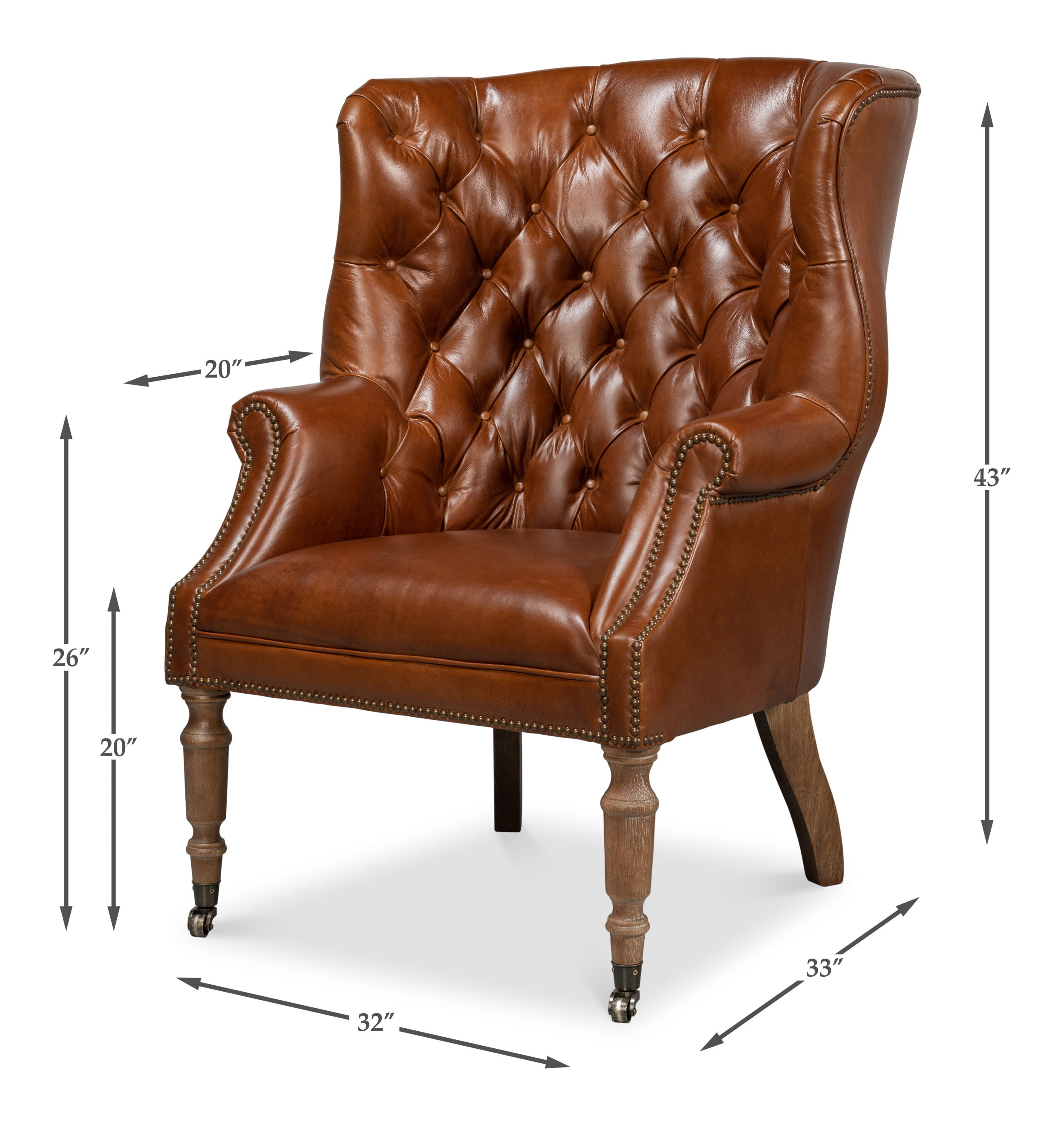 Welsh Leather Chair, Vintage Havana, Seating by Sarreid, 32" length x 33" width x 43" height View 17