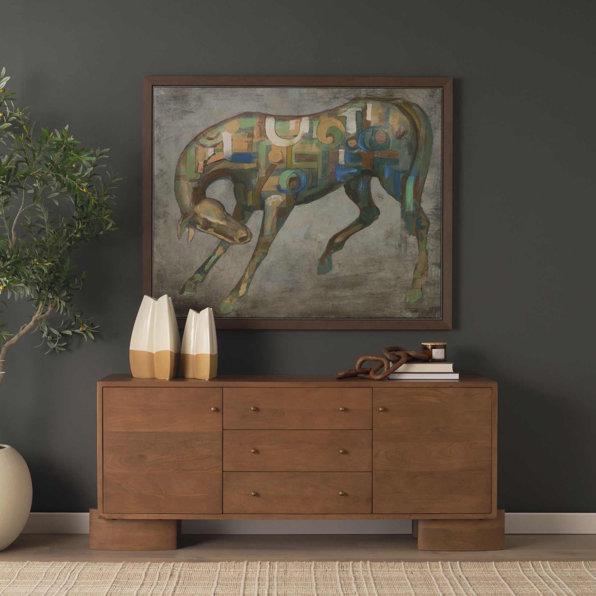 Jonan Medium Brown Wood with Dark Aged Brass 2 Door 3 Drawer Sideboard, Sideboards & Buffet by Mercana, 76" length x 18" width x 31" height View 2