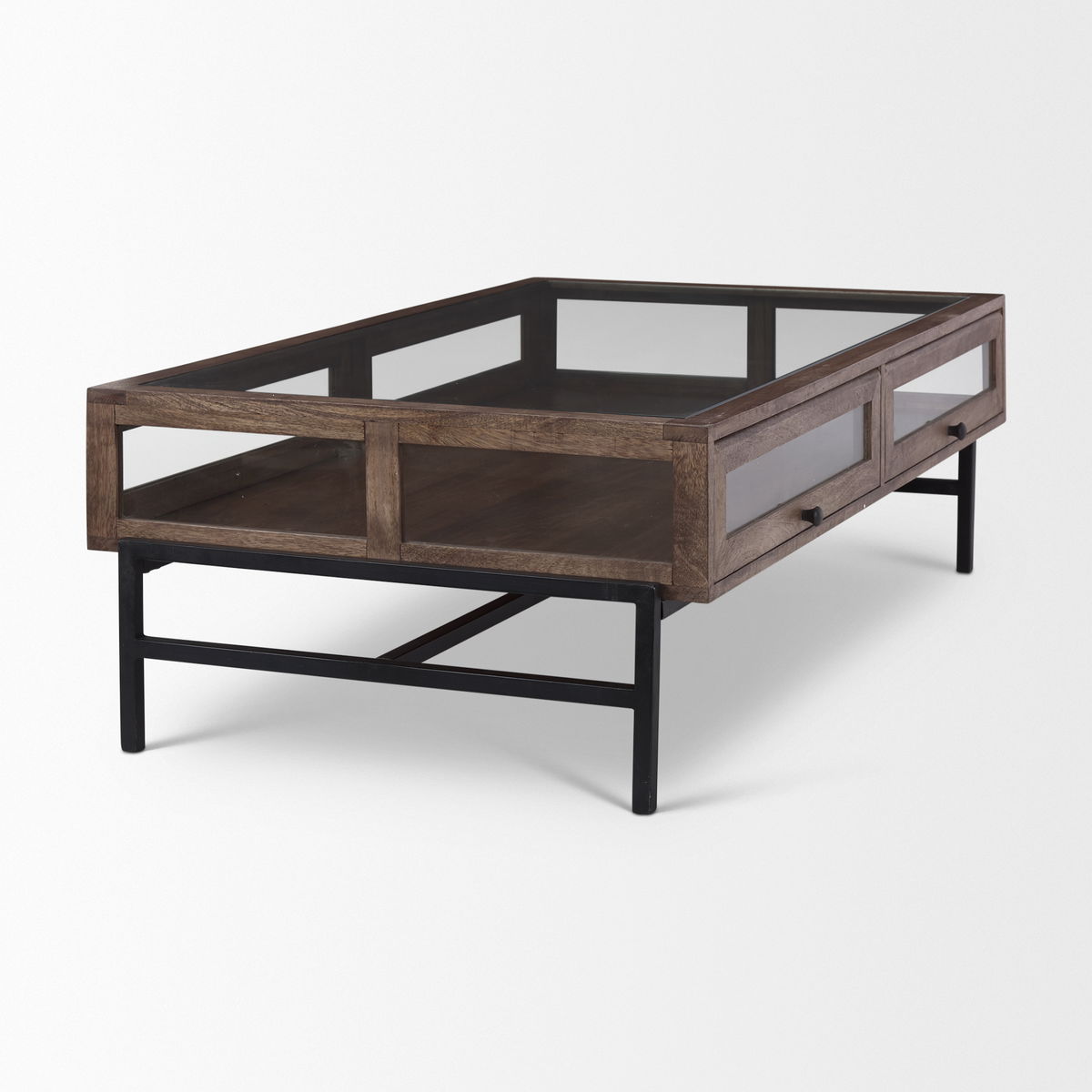 Arelius 49.5'L Rectangular Glass-Top Medium Brown Wood with Black Metal Base Display Coffee Table, by Mercana, 49.5" length x 29" width x 15" height View 5