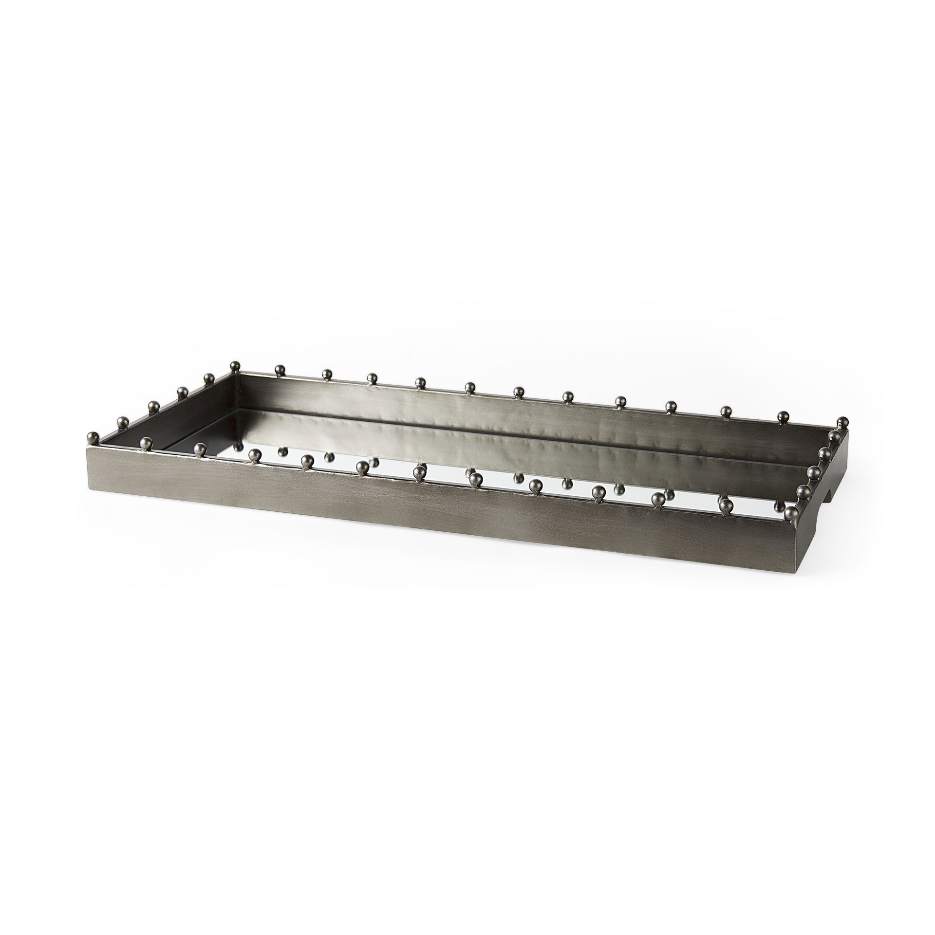 Elio  Gun Metal Gray Metal with Studs and Mirrored Bottom Rectangle Tray large image 