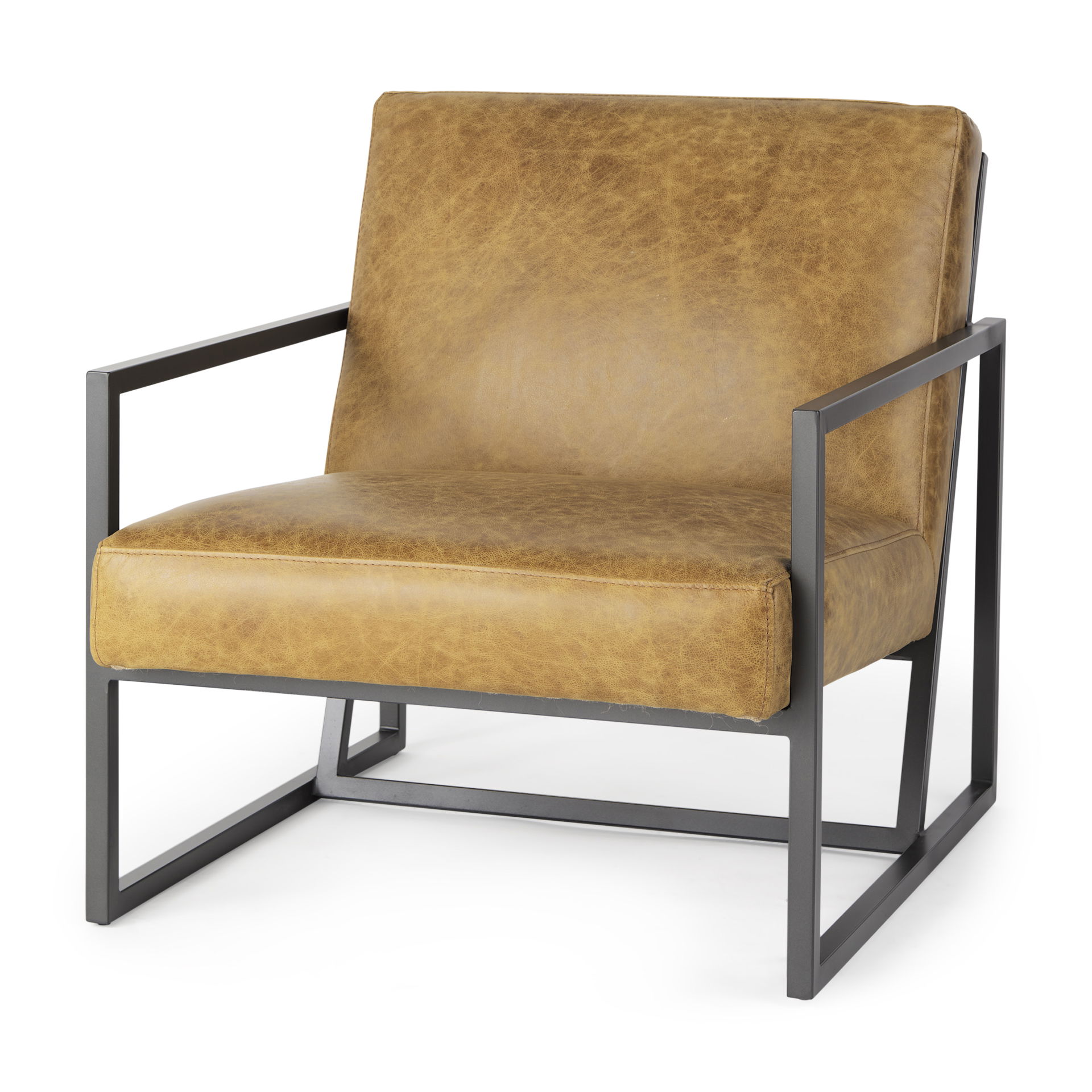 Armelle II Brown Leather Seat with Gray Metal Frame Accent Chair, by Mercana, 28.35" length x 33.07" width x 29.92" height View 1