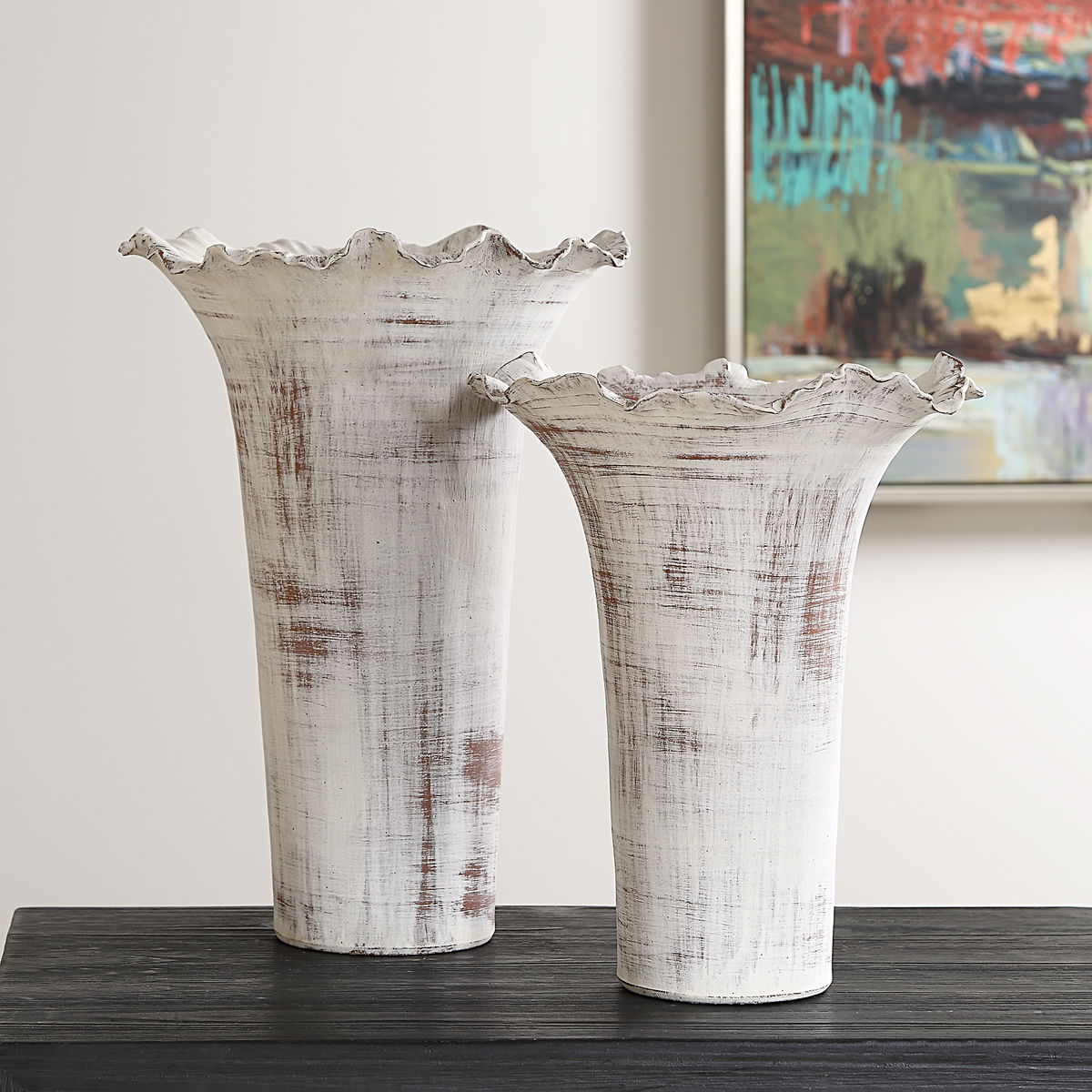Ruffled Petal White Vases Set/2, by Uttermost, 11" width x 16" height x 11" depth View 2
