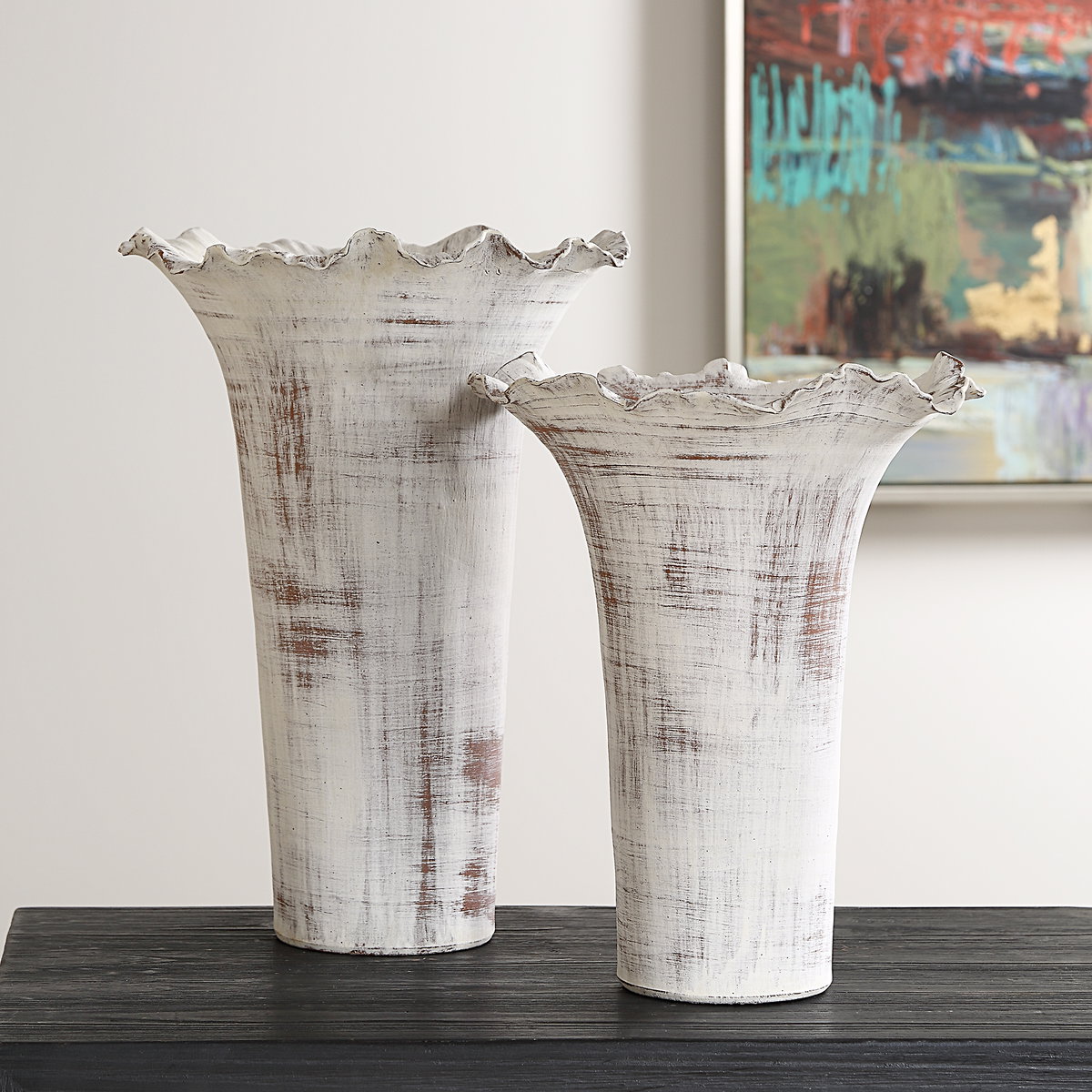 Ruffled Petal White Vases Set/2, by Uttermost, 11" width x 16" height x 11" depth View 2