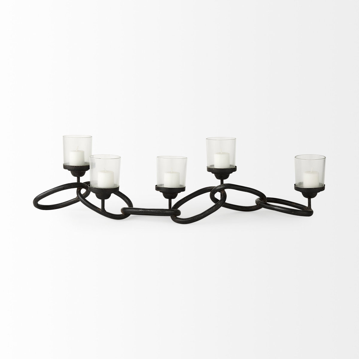 Quito Black Metal Chain-Link Five Candle Table Candle Holder, Candles & Candle Holder by Mercana, 7.68" length x 28" width x 4.69" height View 5