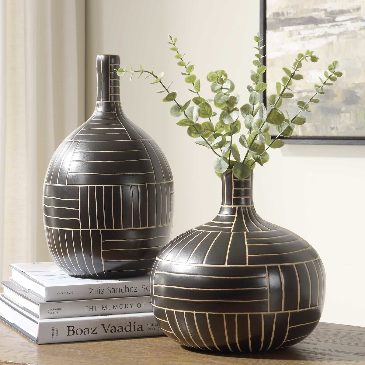 Graphite Stride Geometric Vases Set/2, by Uttermost, 7.75" width x 13.5" height x 7.75" depth View 2