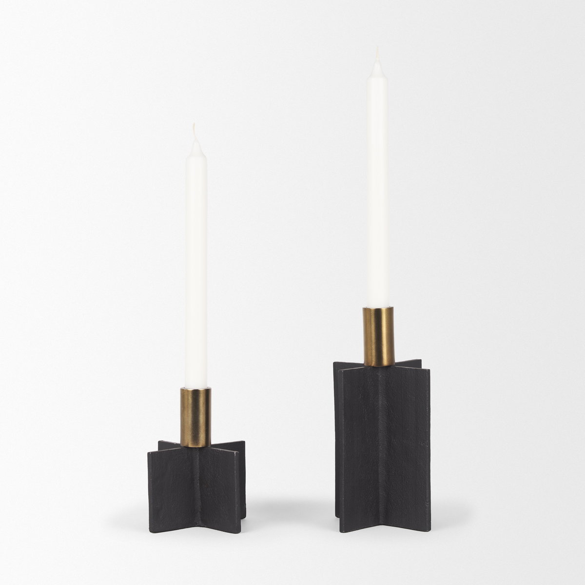 Pia Matte Black with Brushed Gold Metal Taper Candleholder (Set of 2), Candles & Candle Holder by Mercana, 4.75" length x 4.75" width x 8.25" height View 3