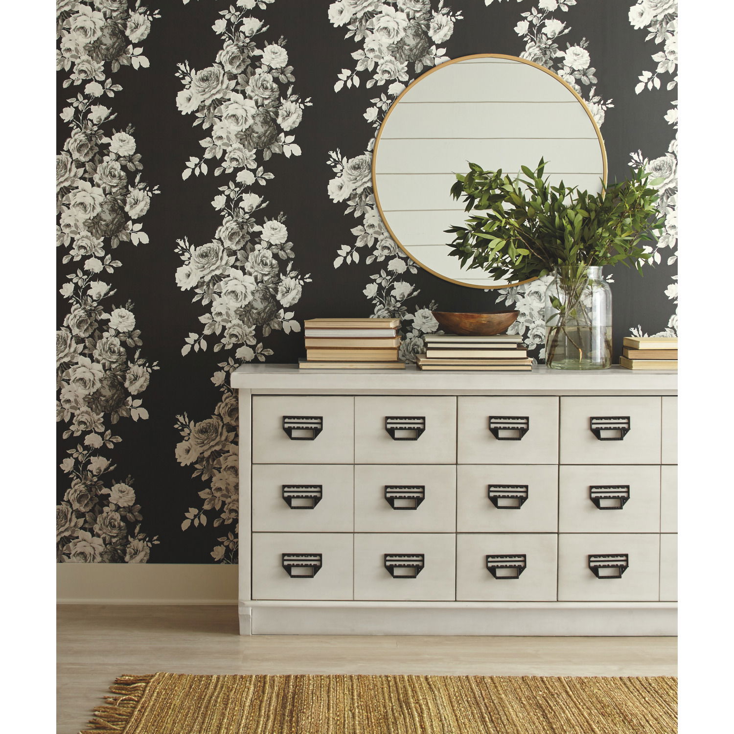 Tea Rose Black & White Wallpaper, by York Wall, 33' length x 1'8.5" width x 0.02" depth View 2
