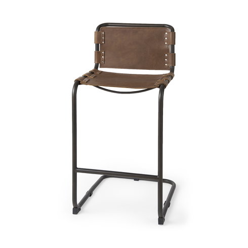 Berbick Low Back 30in Seat Bar Stool | Brown Leather with Gray Metal