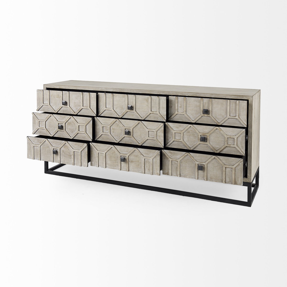 Genevieve II Light Brown Fir Veneer 9 Drawer Sideboard, Sideboards & Buffet by Mercana, 70.08" length x 15.75" width x 30.91" height View 7