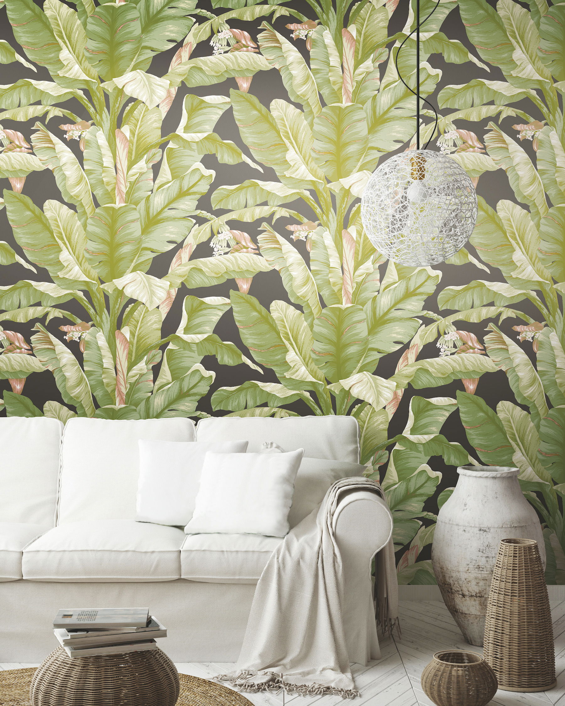 Banana Leaf Black & Green Peel & Stick Wallpaper large image 