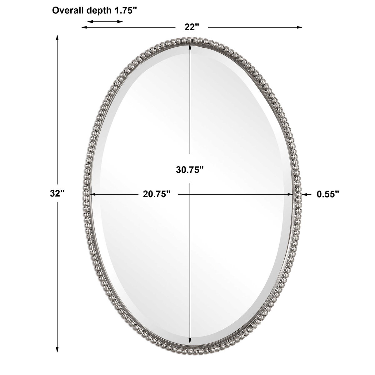 Sherise Brushed Nickel Oval Mirror, by Uttermost, 22" width x 32" height x 1.75" depth View 3