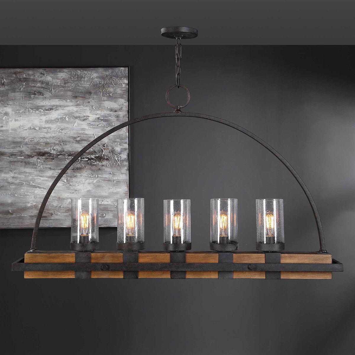 Atwood 5 Light Rustic Linear Chandelier, Linear Suspension by Uttermost, 51" width x 30.75" height x 7.75" depth View 2