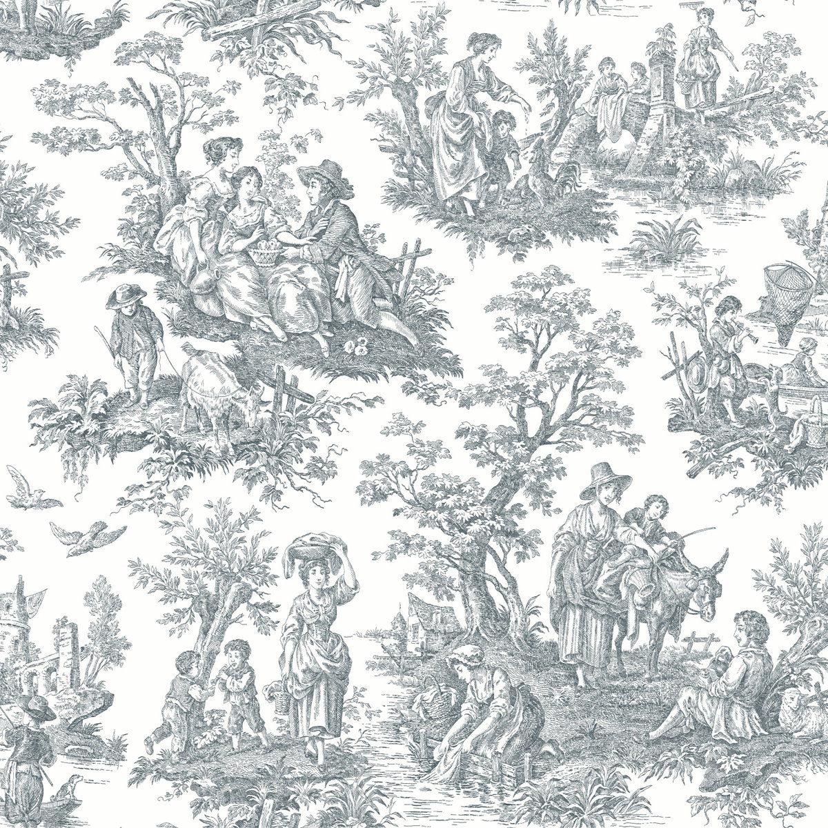 Country Life Toile Grey Peel & Stick Wallpaper, by York Wall, 16'6" length x 1'8.5" width x 0.02" depth