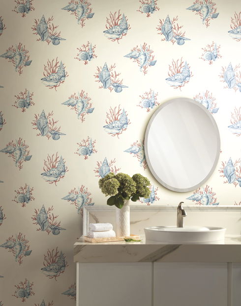 Shell Toile Orange & Blue Wallpaper