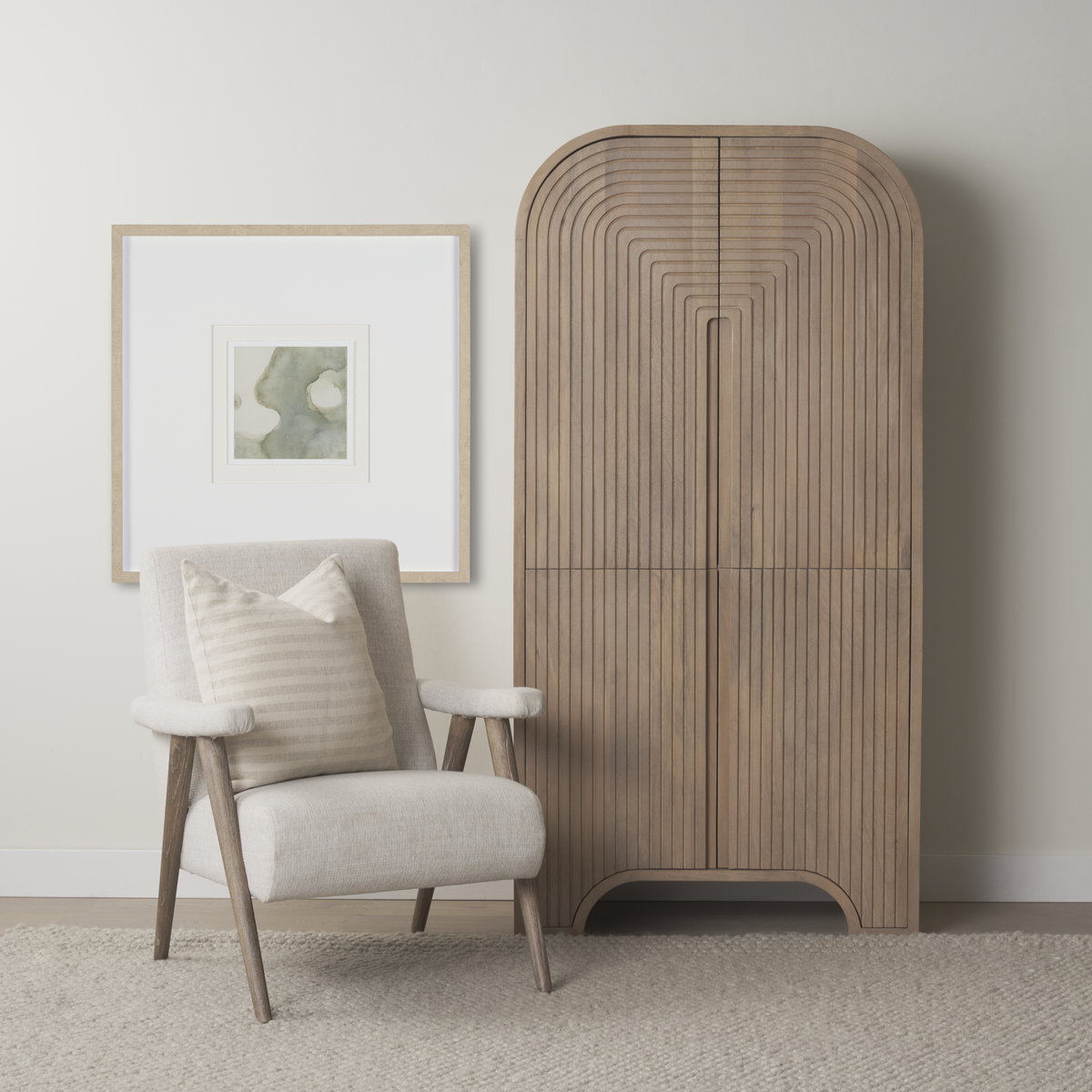 Sorina Reverse Fluted Light Brown Wood Curio Cabinet, Cabinets & Sideboard by Mercana, 36" length x 17" width x 72" height View 2