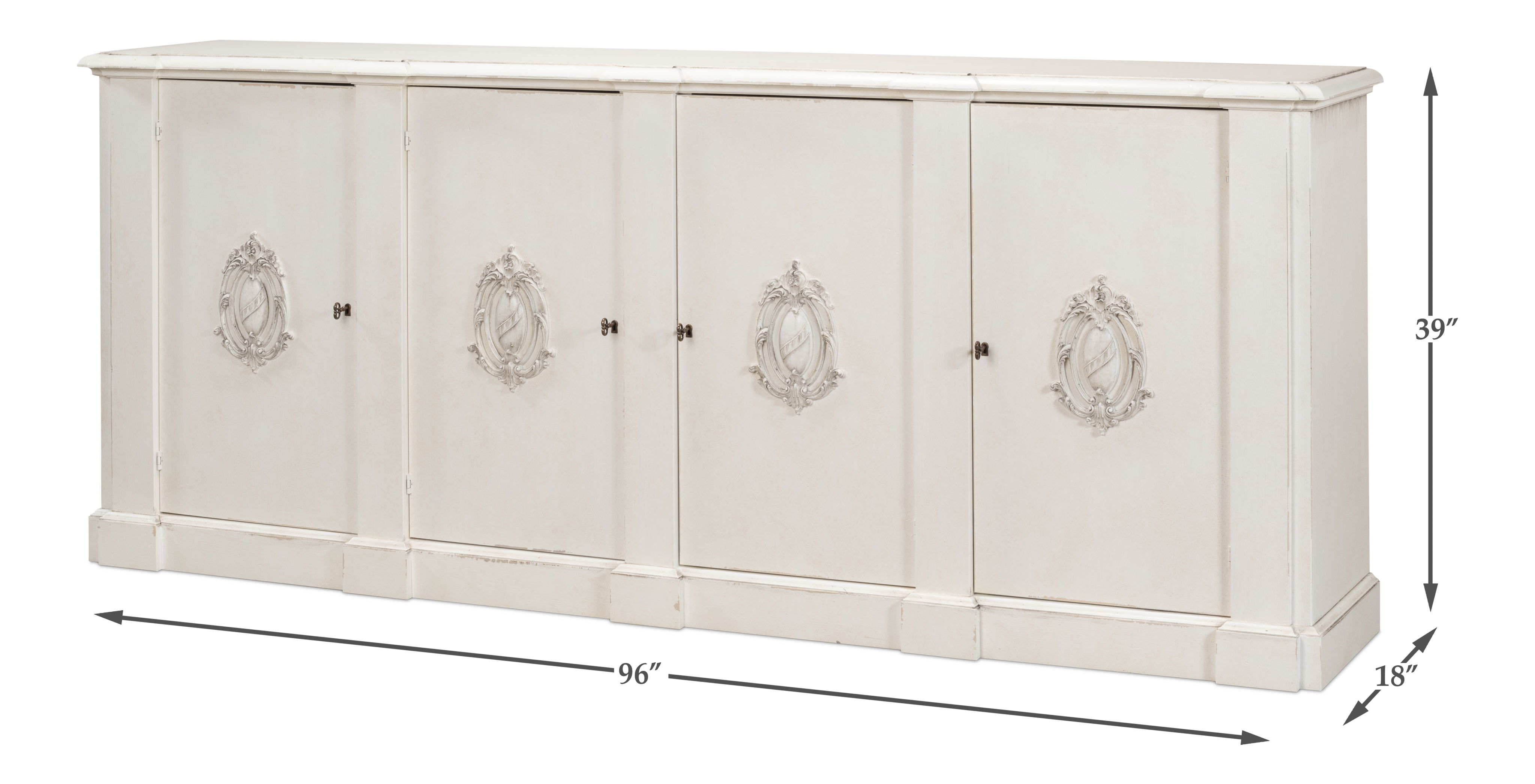 *Crested Wall Cabinet,White/White Finish, Cabinets & Sideboard by Sarreid, 96" length x 18" width x 39" height View 15