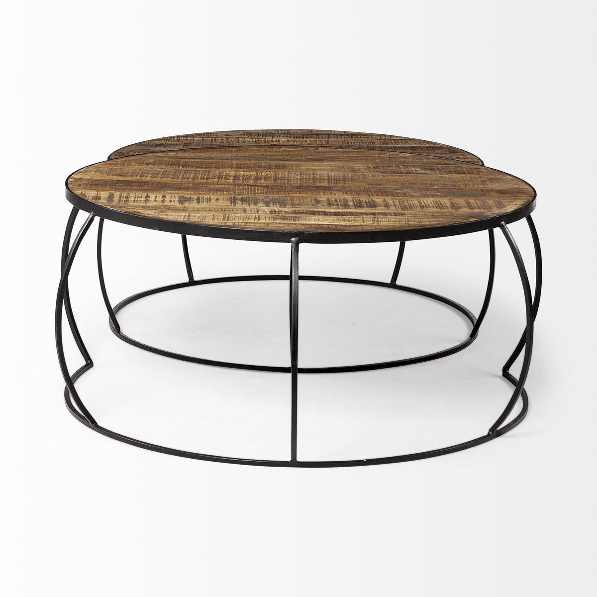 Clapp I Set of 2 (41' & 38') Round Brown Wood Top Black Iron Base Nesting Coffee Tables, by Mercana, 44" length x 44" width x 20" height View 6