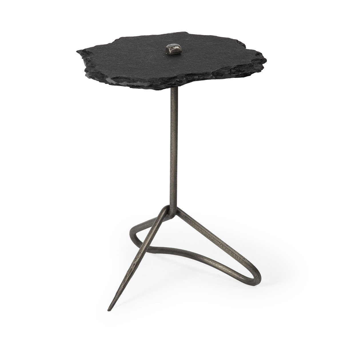 Pinera II 19L x 19W Black Slate Top with Triangular Iron Base Accent Table, Side & End Table by Mercana, 19" length x 19" width x 24" height View 1