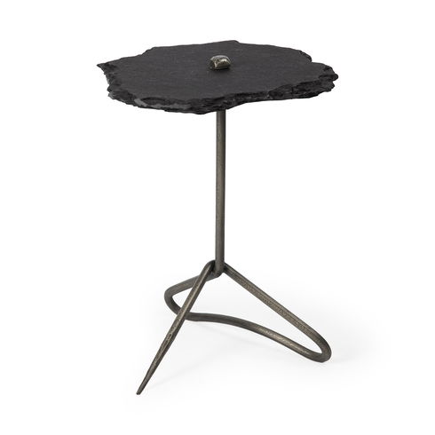 Pinera II 19L x 19W Black Slate Top with Triangular Iron Base Accent Table