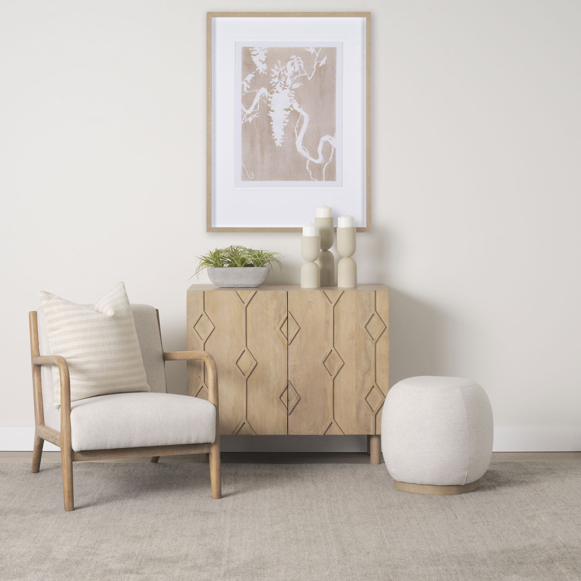 Siren Cream Fabric with Light Brown Wood Round Accent Stool large image 