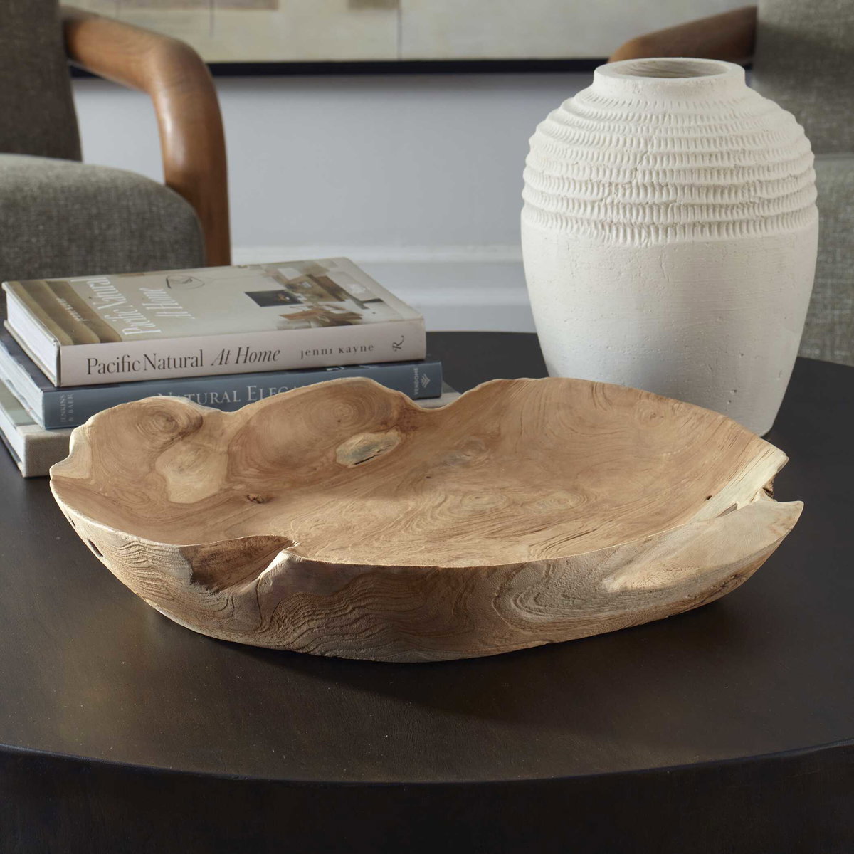 Organic Embrace Outdoor Teak Bowl, Decorative Tray by Uttermost, 19.7" width x 3.54" height x 19.7" depth View 4