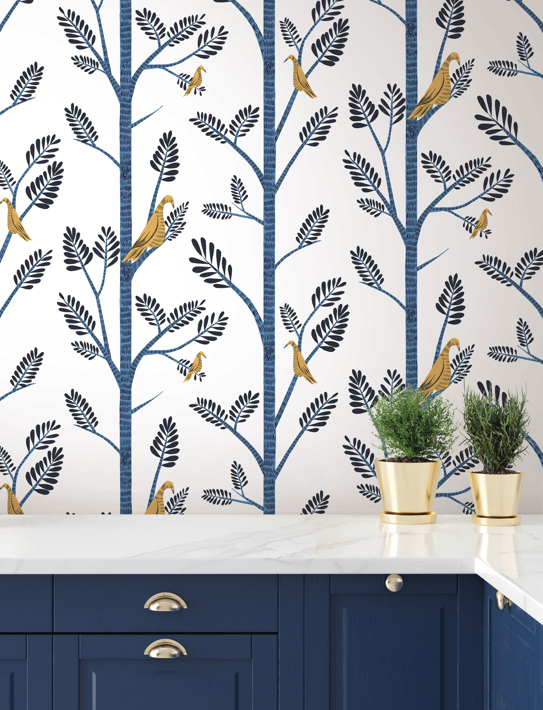 Aviary Branch Blue & Yellow Peel & Stick Wallpaper large image 