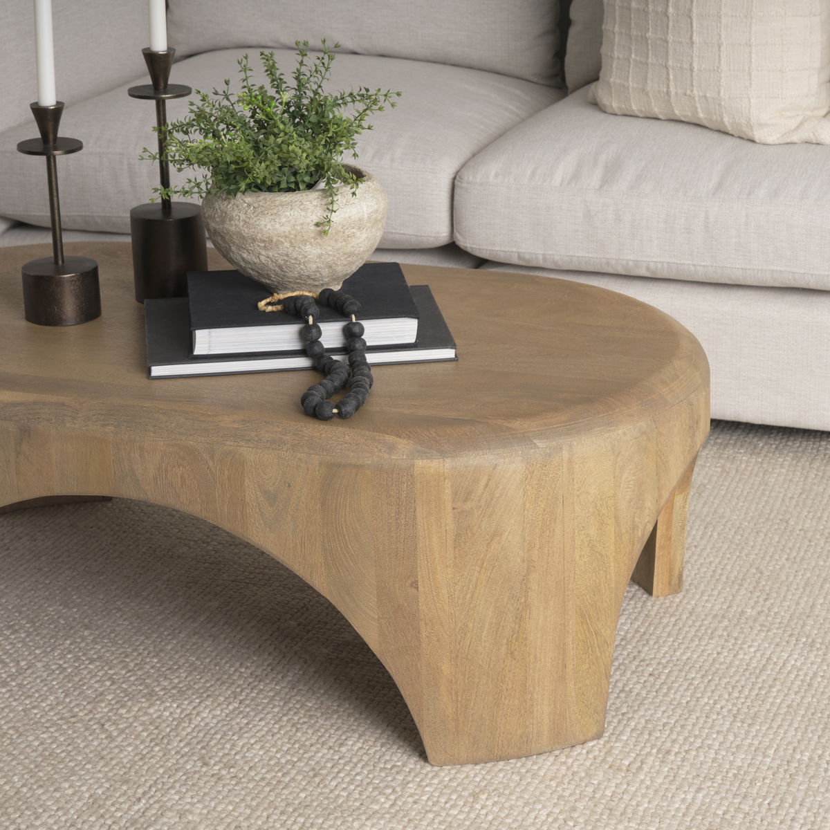 Shima Oval Light Brown Wood with Arched Legs Coffee Table, by Mercana, 48" length x 28" width x 16" height View 3