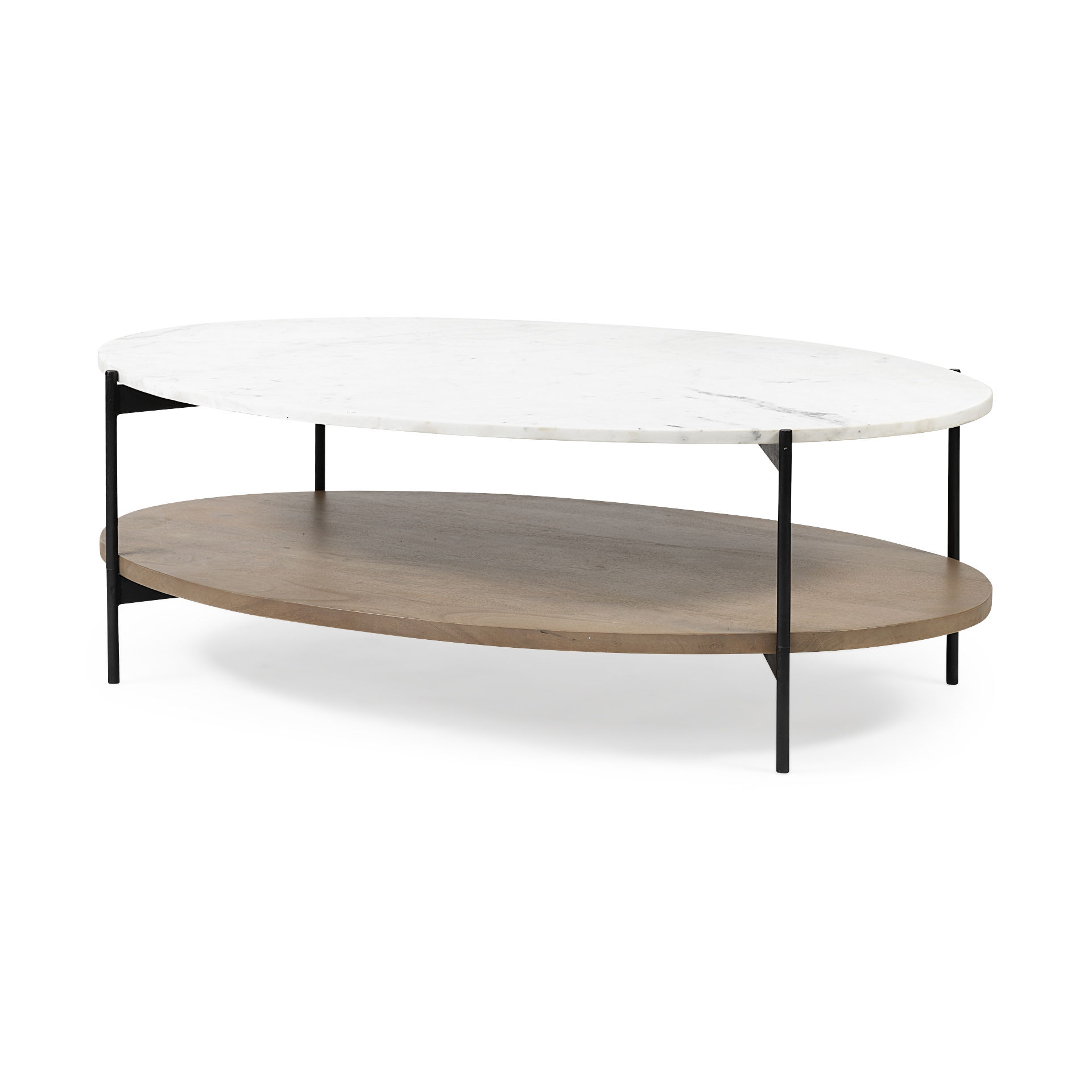 Larkin 48' Oval White Marble Top and Solid Wood Shelf with Black Metal Frame Coffee Table, by Mercana, 48" length x 30" width x 16" height View 1